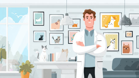 A veterinary professional stands confidently with arms crossed in a bright clinic adorned with colorful animal icons on the walls.の素材