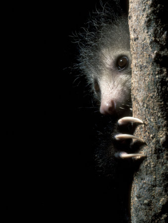 Fingers of an aye-aye extend against rough tree bark in moody lighting, revealing the animals unique features as it interacts with its environment.の素材