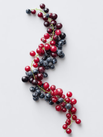 Clusters of red and blue berries arranged in a symmetrical wave on a white background display their natural colors, creating an artistic and fresh appearanceの素材