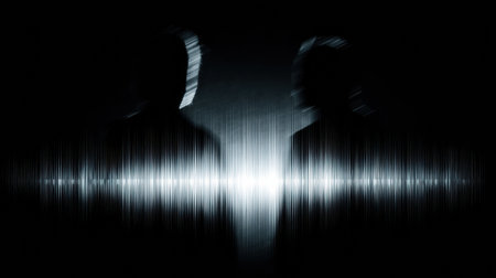 In a dark environment, an audio waveform glows brightly between two indistinct silhouettes, suggesting a connection to music and sound.の素材