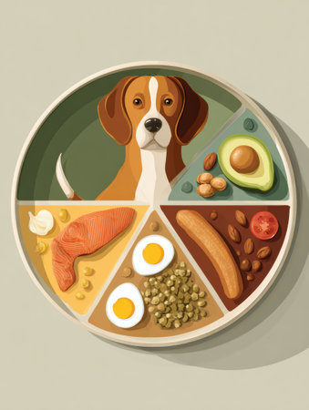 Infographic shows a balanced dog meal plate with essential proteins, veggies, and healthy fats for optimal nutrition.の素材
