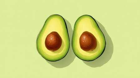 Two vibrant avocado halves with smooth texture and a rich brown pit are presented on a light green backdrop, emphasizing healthy eating and freshness.の素材
