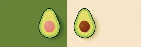 Two halves of ripe avocados displayed side by side, highlighting the creamy flesh and seed, set against a contrasting clean background for a minimalist lookの素材