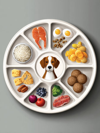Infographic of a balanced dog meal plate, showing protein, veggies, and fruits for optimal pet nutrition.の素材