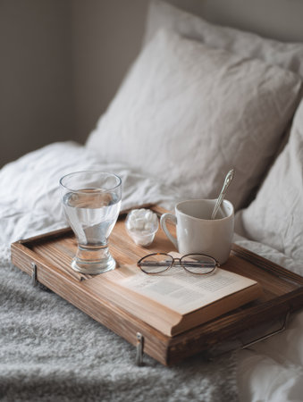 A bed tray set up with a glass of water, a cup, a book, and medicine, creating a cozy environment for recovery during a cold day.の素材