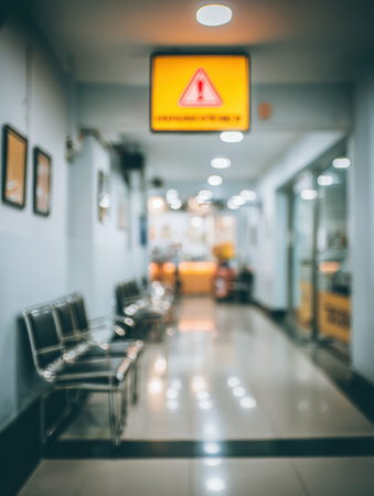 A waiting room in a hospital appears blurred, featuring cold warning signage on the wall and an open area on the left side, creating a stark ambiance.の素材