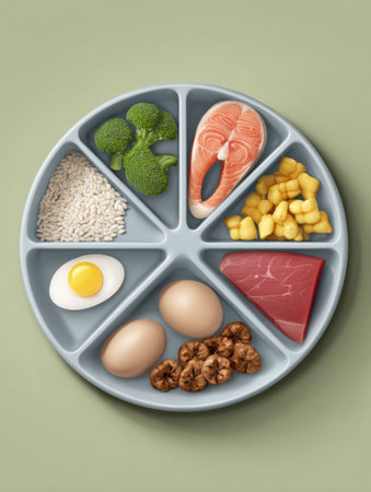 Colorful arrangement of a balanced meal plate for dogs showcases various food groups including protein, vegetables, and grains for optimal canine nutrition.の素材