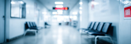 Blurred view of a hospital waiting room featuring cold warning signage and empty seating on the right side, providing a stark atmosphere for waiting patients.の素材