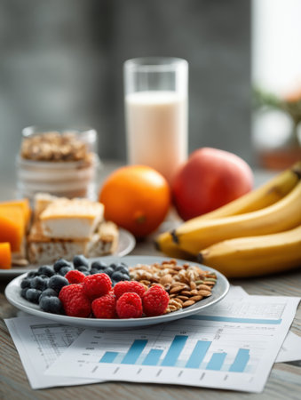 Fresh fruits, nuts, and grains are displayed on a plate along with nutrition facts on a chart in a contemporary kitchen environment.の素材