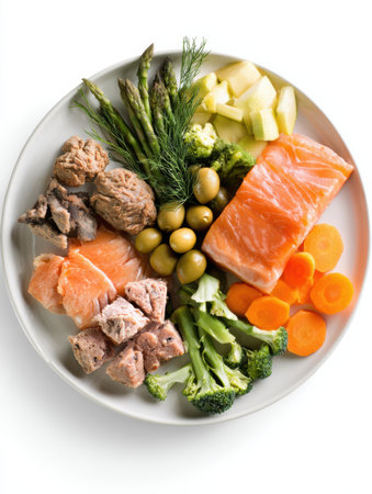 Balanced raw food meal for pets showcases an assortment of fresh proteins and vegetables arranged on a minimalist ceramic plate in a clean setting.の素材