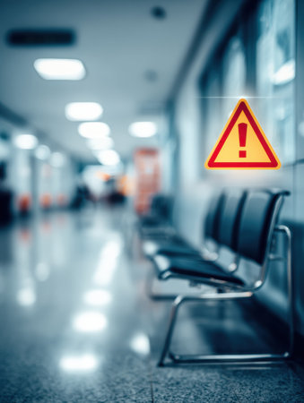 A hospital waiting room features blurred visuals of empty seats and prominent cold warning signage on the wall, conveying an urgent atmosphere.の素材