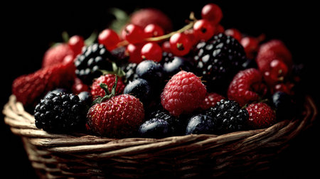A woven basket brimming with assorted berries sits against a dark, high contrast background.の素材