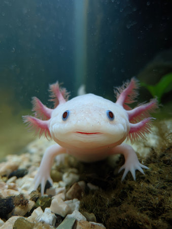 Underwater, a cheerful axolotl swims gracefully in its clean tank, showing bright colors and unique features while enjoying the serene environment.の素材