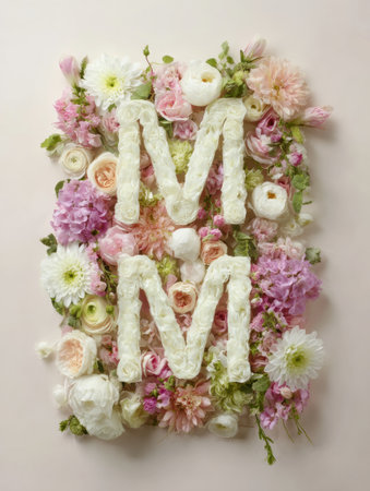 A beautiful arrangement of soft-toned flowers forms the word MOM, capturing the essence of love and appreciation for mothers in an artistic display.の素材