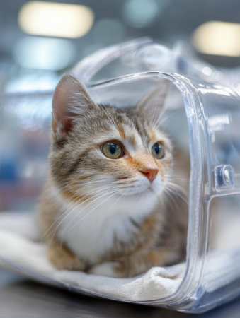A calm cat is resting in a transparent travel carrier at a veterinary clinic, appearing relaxed amidst the blurred background.の素材
