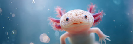 An axolotl moves gently through clean water, surrounded by soft bubbles, showing its unique features and vibrant colors in a tranquil setting.の素材