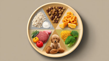 Colorful plate showcases a balanced meal for dogs, highlighting different food groups including proteins, grains, fruits, and vegetables along with a puppyの素材