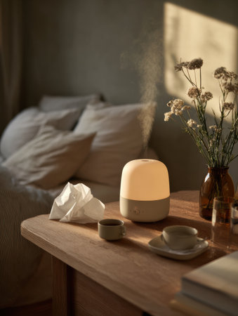 Relaxation is emphasized in this indoor space with a warm aroma diffuser, nearby tissues, and minimal decor, creating a tranquil atmosphere by a cozy bed.の素材
