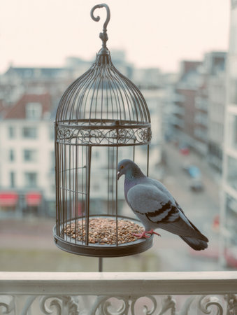 A bird feeds on seeds from a decorative feeder placed on a balcony, while a city skyline appears blurred in the distance, capturing a moment of urban wildlife.の素材