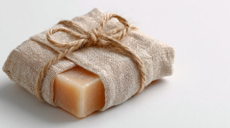 Beige handmade soap is elegantly wrapped in soft muslin cloth, showing a simple yet attractive design against a bright white background.の素材