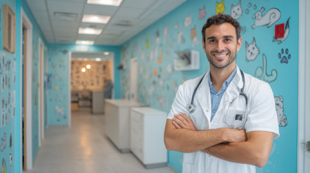 Veterinarian with arms crossed poses in a colorful clinic surrounded by playful animal decorations, creating a welcoming atmosphere for pet owners.の素材