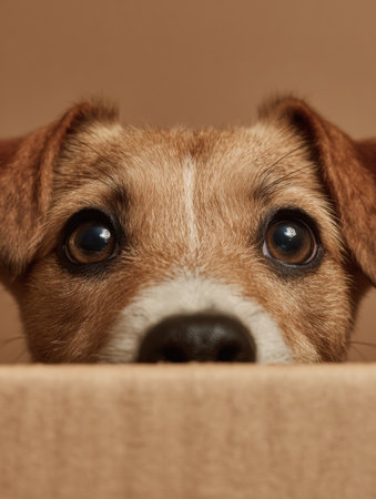 A playful dog peeks over the edge of a subscription box filled with pet food, radiating anticipation for its next meal during a cozy moment.の素材
