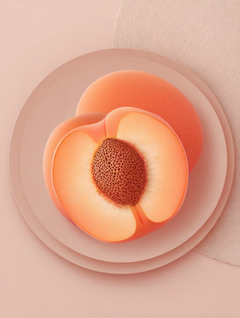 A bright, stylized peach is split to reveal its intricate 3D pit, sitting on a softly colored plate against a minimal backdrop, emphasizing vibrant hues.の素材