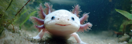 A smiling axolotl enjoys its time underwater in a well-lit tank, with vibrant plants and clear visibility showing its unique features.の素材