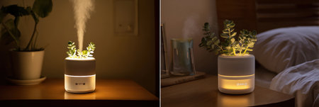 Bedside humidifier emits mist and soft glow, complemented by a eucalyptus plant, creating a calming atmosphere perfect for sleep or relaxation.の素材