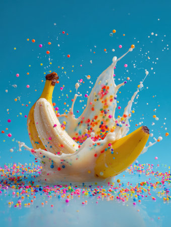 A stunning banana split bursts into a spray of colorful sprinkles and cream, capturing a moment of joyful chaos against a vibrant backdrop.の素材