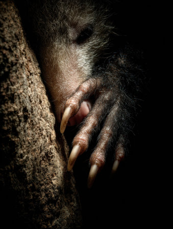 Fingers of an aye-aye clutch tree bark in subdued lighting, showing the animals remarkable adaptations for survival in its natural habitat.の素材