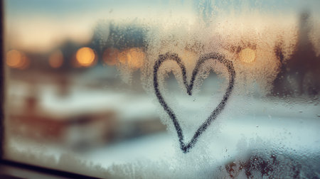 A blurred window displays condensation with a heart drawn on it, evoking a feeling of coziness and warmth during the chilly winter season.の素材