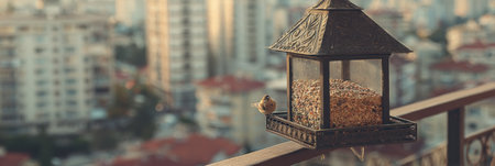 Small bird enjoys seeds from a decorative feeder on a balcony, with blurred city buildings and rooftops in the background at twilight.の素材