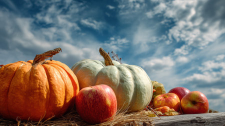 Colorful pumpkins and crisp apples are arranged beautifully, emphasizing a bountiful autumn harvest against a clear sky filled with soft clouds.の素材