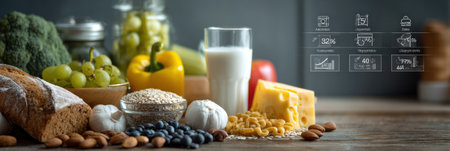 In a kitchen, nutritious foods like fruits, veggies, grains, and dairy are beautifully arranged with highlighted nutritional facts.の素材