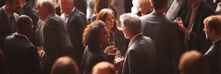 Businesspeople network at a stylish event, exchanging ideas and drinks while dressed professionally, forging meaningful evening connections.の素材