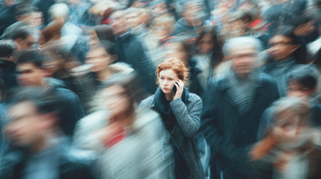 In a bustling crowd, one person stands out, passionately talking on their phone, showing a moment of connection amid the chaos.の素材