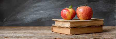 Apples rest on top of old books on a teachers desk, creating a classic classroom atmosphere with a chalkboard in the background.の素材