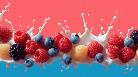 Bright mix of assorted berries creates a stunning splash in milk on vibrant backdrop, combining colors and textures for a playful artistic expression.の素材