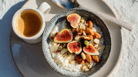 Colorful bowl filled with creamy yogurt topped with fresh figs, almonds, and mixed nuts, accompanied by a small cup of espresso against a clean surface.の素材
