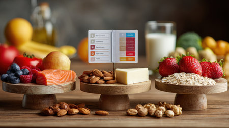 Nutritious foods arranged on wooden stands highlight options for a balanced diet, accompanied by nutrition facts for each food item promoting healthy choices.の素材