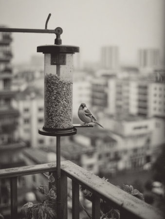 A small bird enjoys seeds from a contemporary feeder on a balcony, set against a soft-focused city skyline, creating a tranquil urban moment.の素材