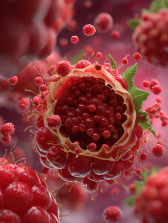 Dynamic 3D illustration captures a stunning burst of berries, highlighting the open center filled with luscious fruit and vibrant colors.の素材