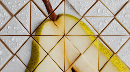 Geometric tiles showcase an abstract pear slice, highlighting its texture and droplets on a clean surface, creating an artistic visual contrastの素材