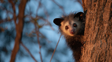 Aye-aye climbs a tree in the fading light, showing its unique features against a softly blurred backdrop, creating a serene twilight moment.の素材