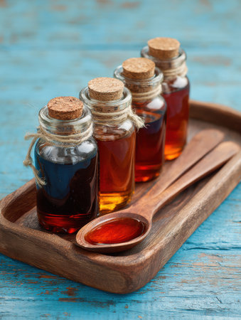 Colorful bottles of cough syrup sit on a wooden tray beside a wooden spoon, creating a cozy and inviting setup perfect for soothing remedies.の素材
