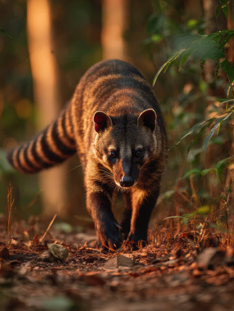 An African civet wanders along a forest path, illuminated by golden light, with a backdrop of trees and minimal upper zone, capturing a serene moment.の素材