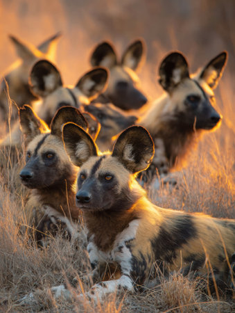 A pack of African wild dogs relaxes on the grass, basking in the warm light of the late afternoon sun, showing their beauty and social nature.の素材