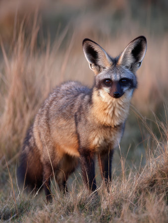 In the savanna grass, a bat-eared fox stands attentively, its ears perked up, enjoying the soft light of early morning, surrounded by the open environment.の素材