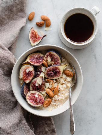 Brightly presented bowl of creamy oats topped with fresh figs and crunchy almonds, accompanied by a warm cup of coffee for a nutritious morning meal.の素材